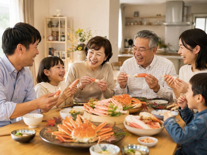 家族でカニ料理を囲んで楽しむ食卓のイメージ